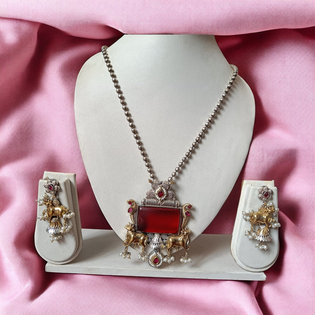 Telanaari Timeless Daisy Red Dual Tone Silver Plated Necklace Set - TelaNaari
