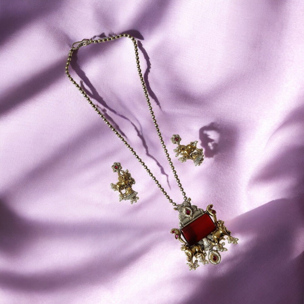 Telanaari Timeless Daisy Red Dual Tone Silver Plated Necklace Set - TelaNaari