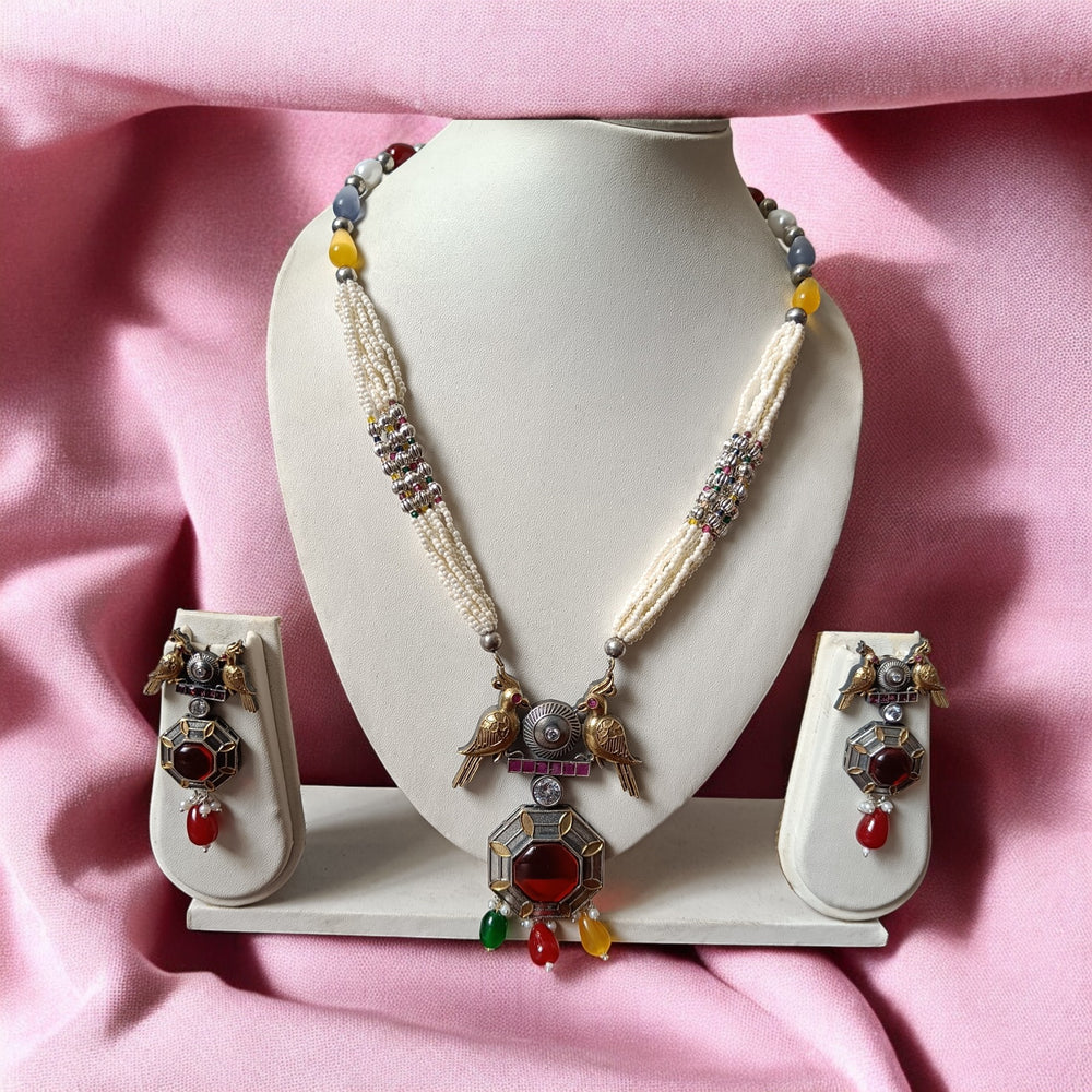 Telanaari Ahalya Red Dual Tone Silver Plated Necklace Set With Pearl Piroi Chain - TelaNaari