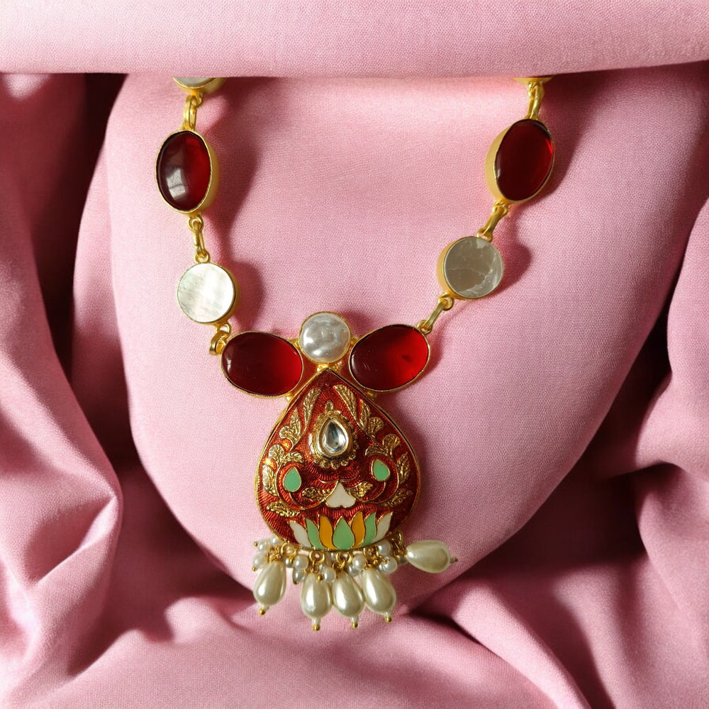 Telanaari Bhumi Baroque Red Gold Plated Necklace Set With Meenakari - TelaNaari