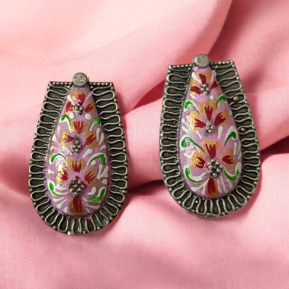 Telanaari Khushi Hand Painted Pink Silver-Plated Necklace Set - TelaNaari