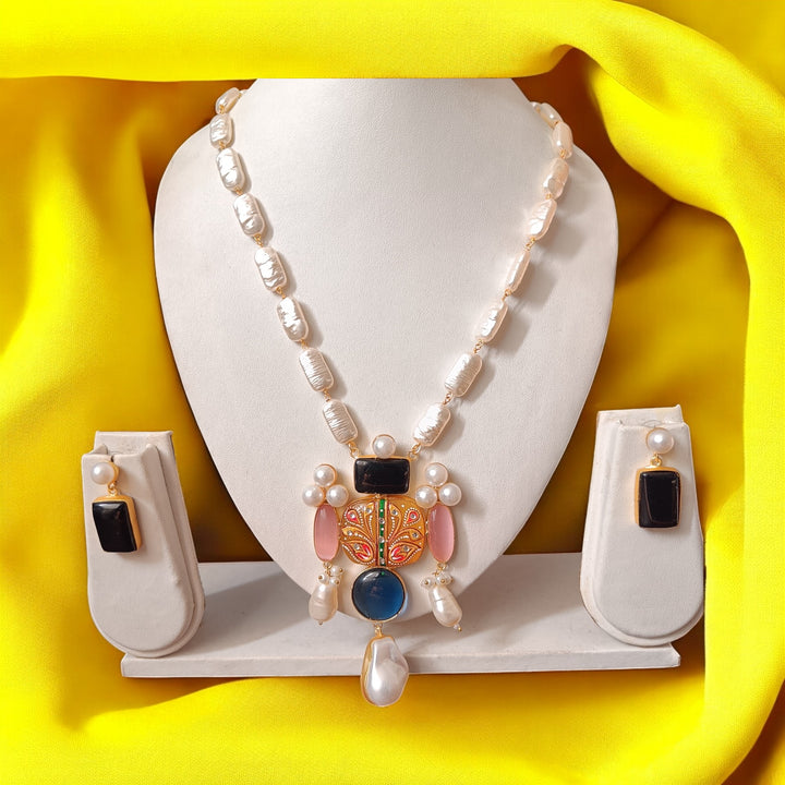 Telanaari Aditi Pink Gold Plated Necklace Set With Tanjore Pendant - TelaNaari