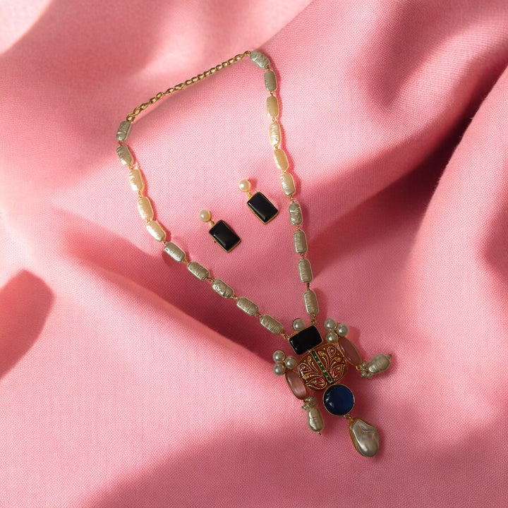 Telanaari Aditi Pink Gold Plated Necklace Set With Tanjore Pendant - TelaNaari