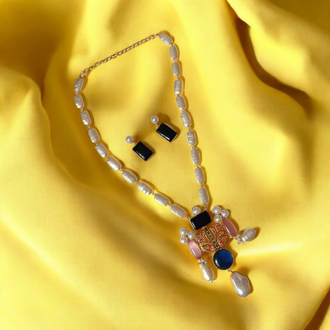 Telanaari Aditi Pink Gold Plated Necklace Set With Tanjore Pendant - TelaNaari