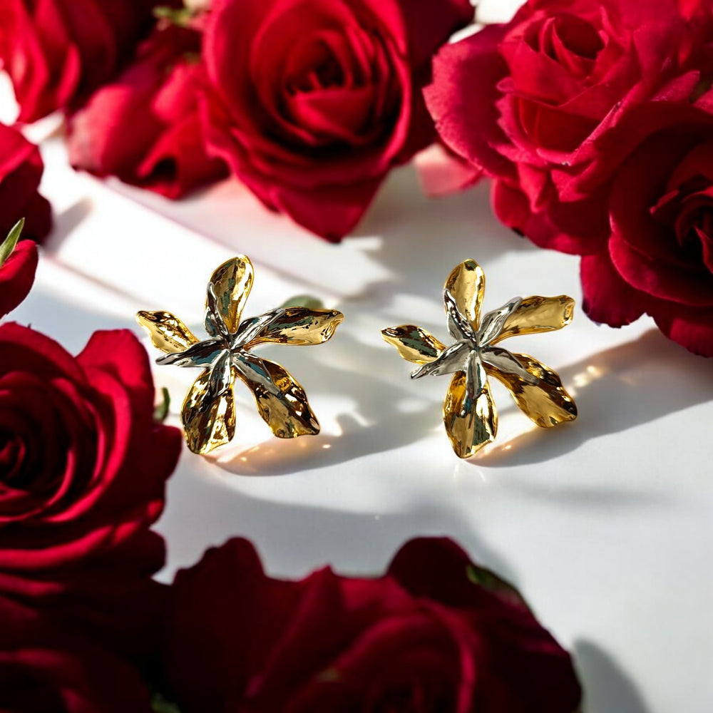 Telanaari 18K Gold Plated Stainless Steel Tarnish-Free Waterproof Water Flower Earrings - TelaNaari