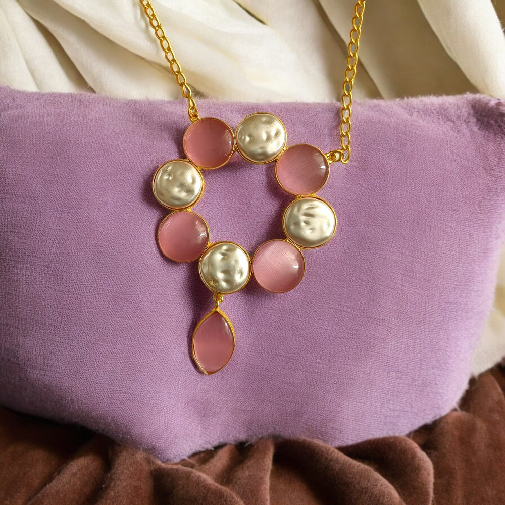 Telanaari Radiant Gold-plated Pink Stone Necklace Set - TelaNaari