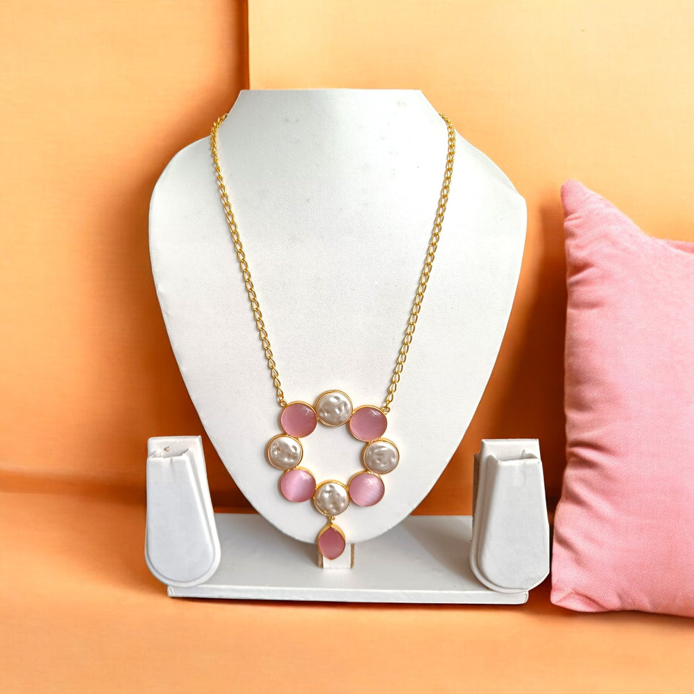 Telanaari Radiant Gold-plated Pink Stone Necklace Set - TelaNaari