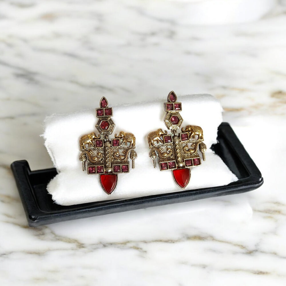 Telanaari Red Stone Silver-plated Necklace Set - TelaNaari