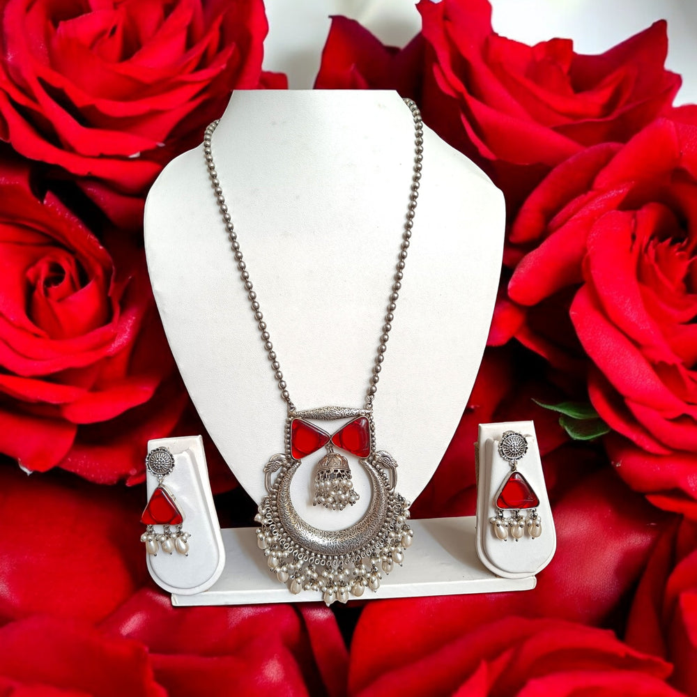 Telanaari Silver-plated Miki Red Necklace Set - TelaNaari