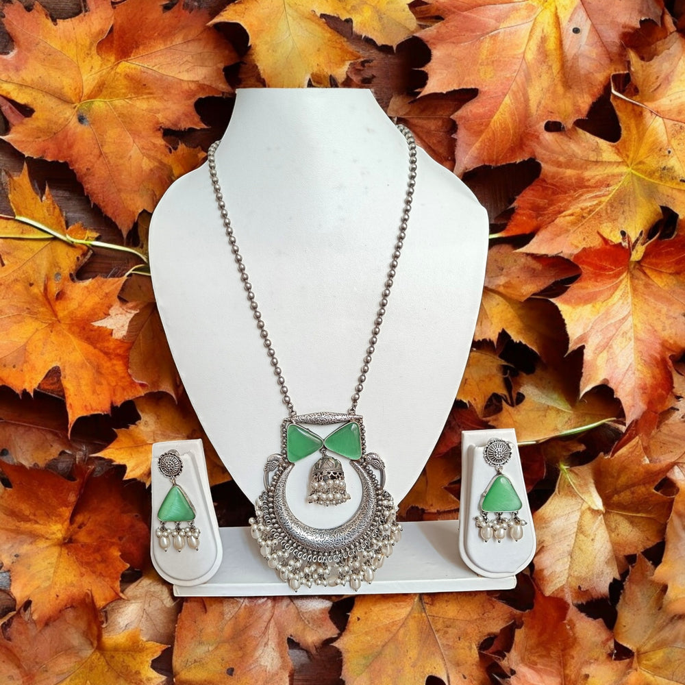 Telanaari Silver-plated Kisv Light Green Necklace Set - TelaNaari