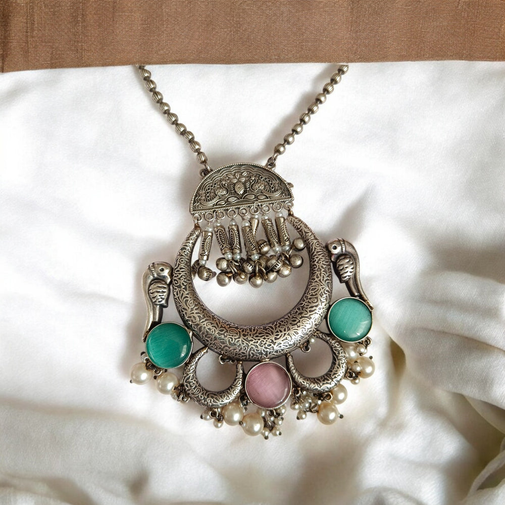 Telanaari Silver-plated Dhriti Pink & Sea Green Necklace Set - TelaNaari