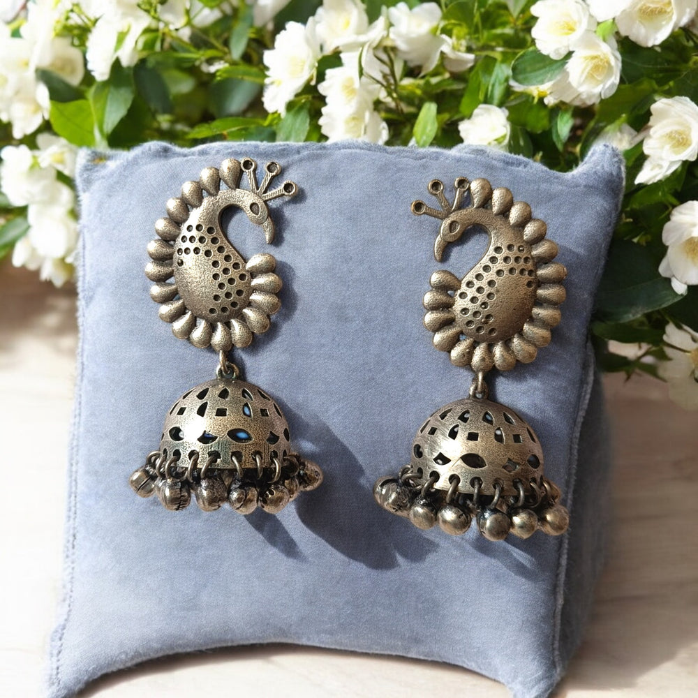 Telanaari Kivi Silver-Plated Peacock Jhumka Earrings - TelaNaari