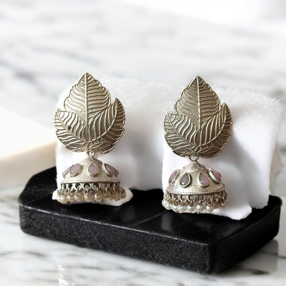 Telanaari Leaf Silver-Plated Jhumka Earrings - TelaNaari