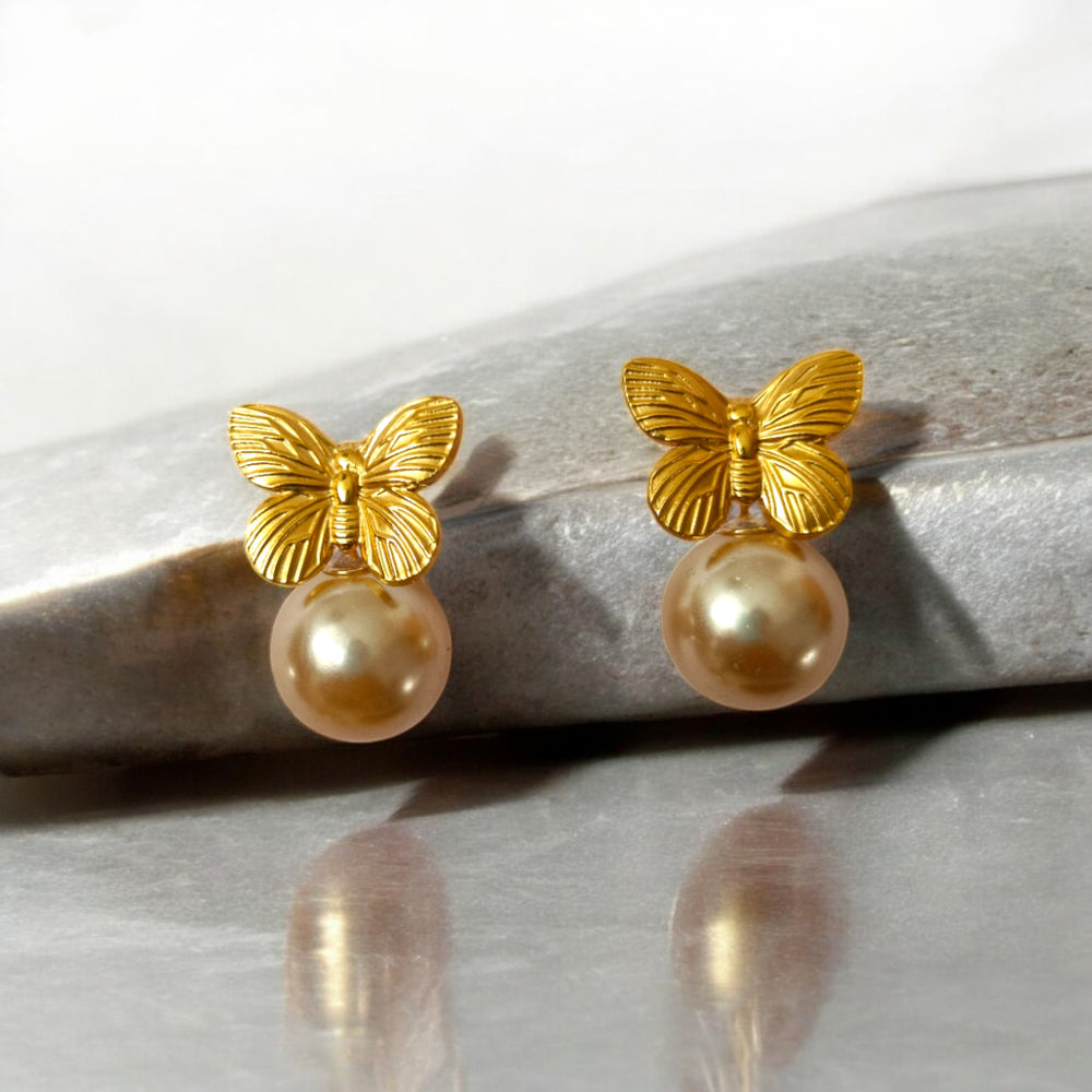 Tela Naari 18K Gold-Plated Anti-Tarnish Stainless Steel Butterfly Pearl Stud Earrings - TelaNaari