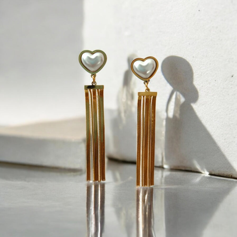 Tela Naari 18K Gold-Plated Anti-Tarnish Heart Pearl Dangle Earrings - TelaNaari