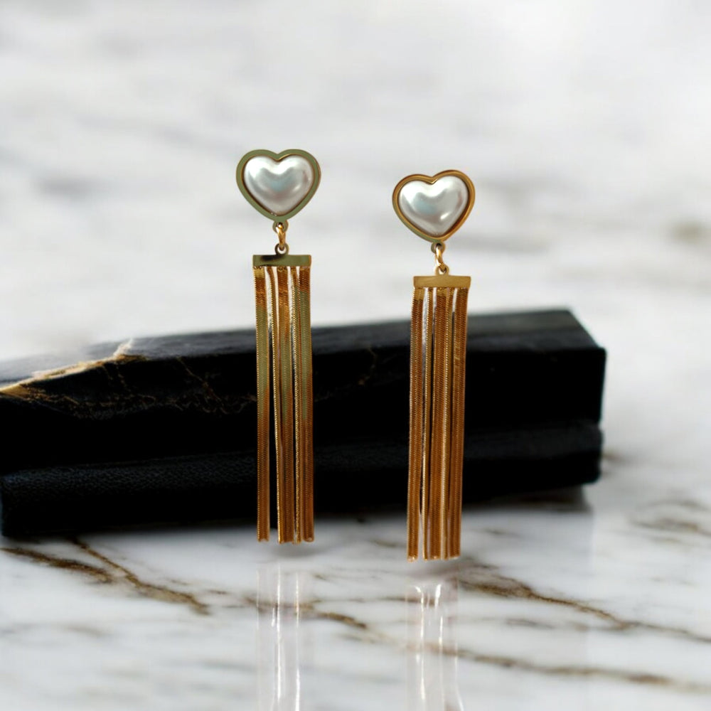 Tela Naari 18K Gold-Plated Anti-Tarnish Heart Pearl Dangle Earrings - TelaNaari