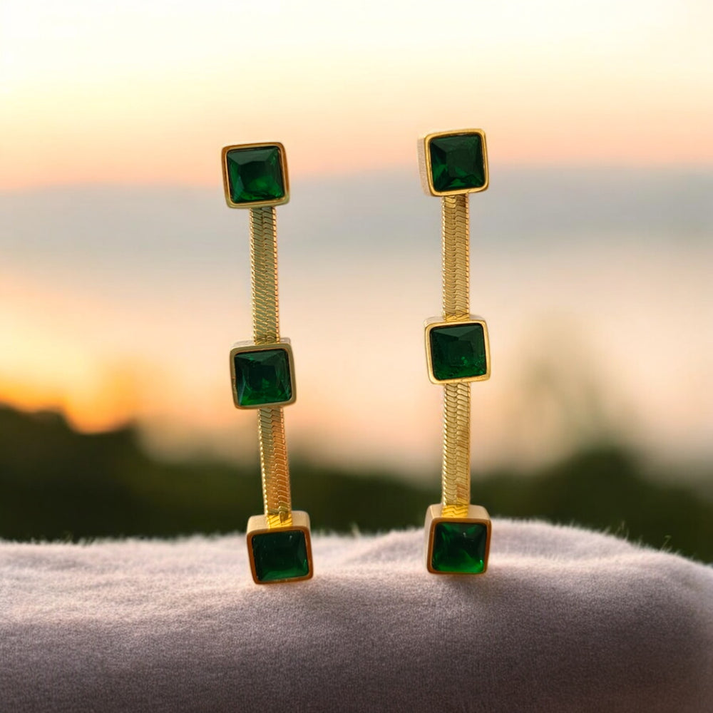 Tela Naari 18K Gold-Plated Anti-Tarnish Geometric Drop Earrings with Green Stones - TelaNaari
