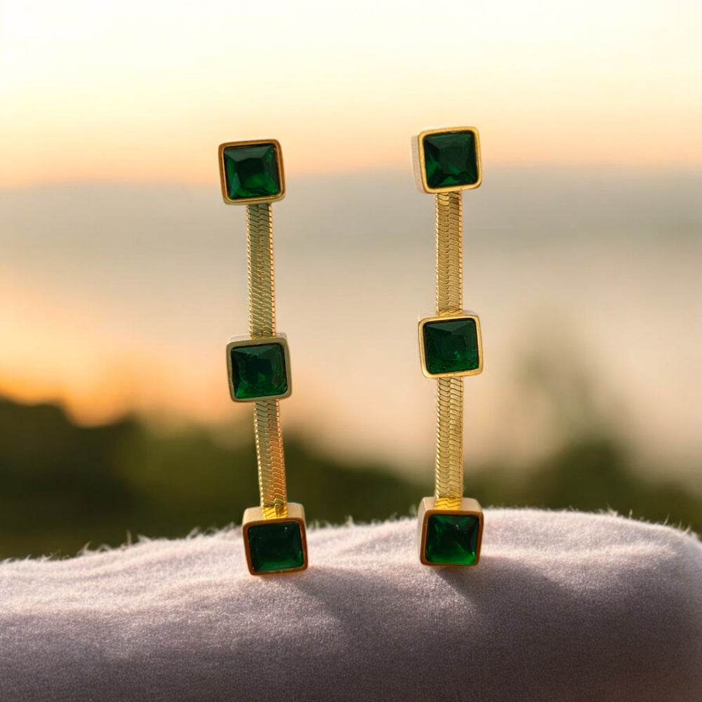 Tela Naari 18K Gold-Plated Anti-Tarnish Geometric Drop Earrings with Green Stones - TelaNaari