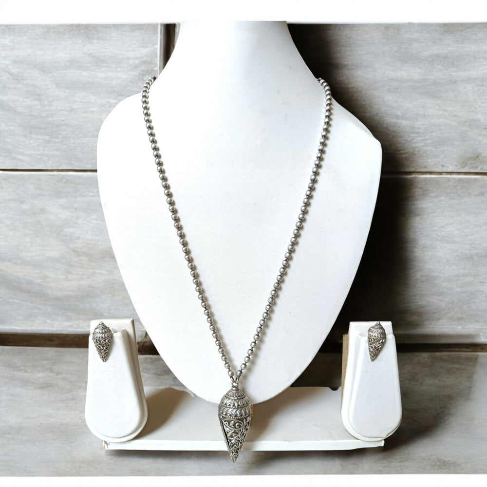 Tela Naari Oxidized Silver-Plated Beaded Necklace Set – Tribal Conical Pendant & Stud Earrings - TelaNaari