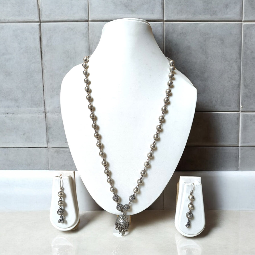 Tela Naari Oxidised Silver-Plated Beaded Necklace Set – Temple-Inspired Jhumka Pendant & Earrings - TelaNaari