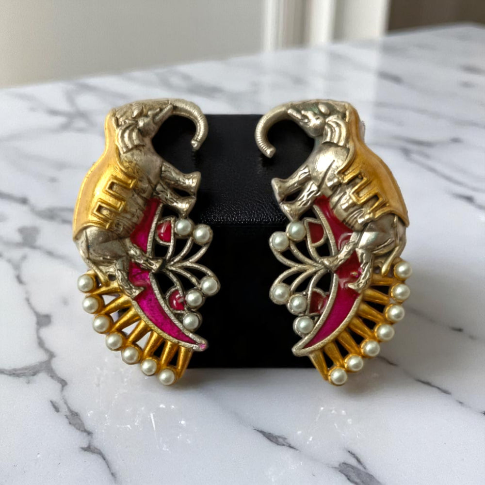 Tela Naari Elephant Motif Temple Dual Tone Earrings - TelaNaari