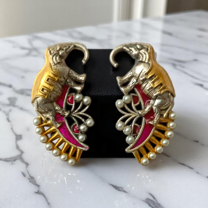 Tela Naari Elephant Motif Temple Dual Tone Earrings - TelaNaari
