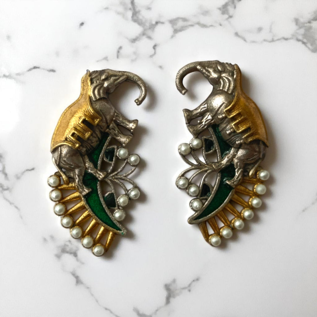 Tela Naari Elephant Motif Temple Dual Tone Earrings - TelaNaari