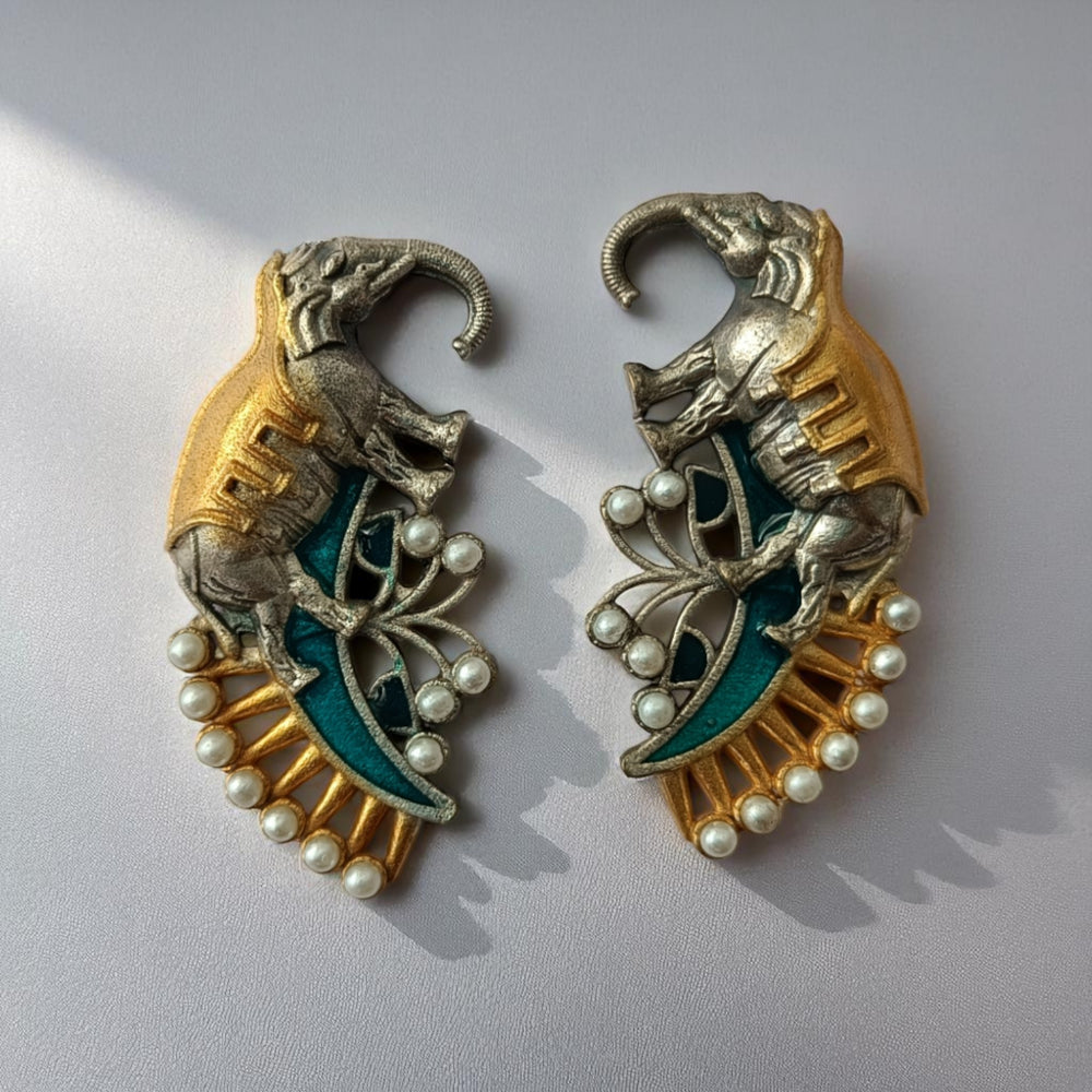 Tela Naari Elephant Motif Temple Dual Tone Earrings - TelaNaari