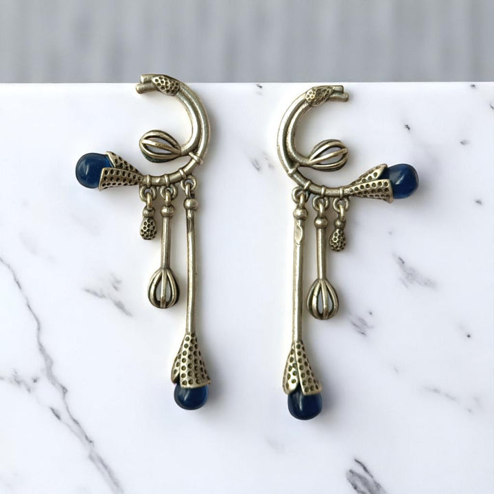 Tela Naari Silver Oxidised Diva Dangling Bloom Earrings - TelaNaari