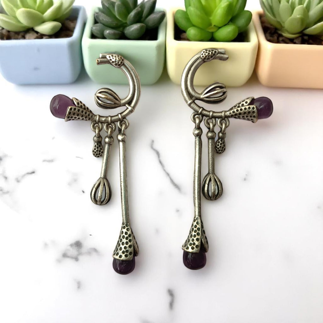 Tela Naari Silver Oxidised Diva Dangling Bloom Earrings - TelaNaari