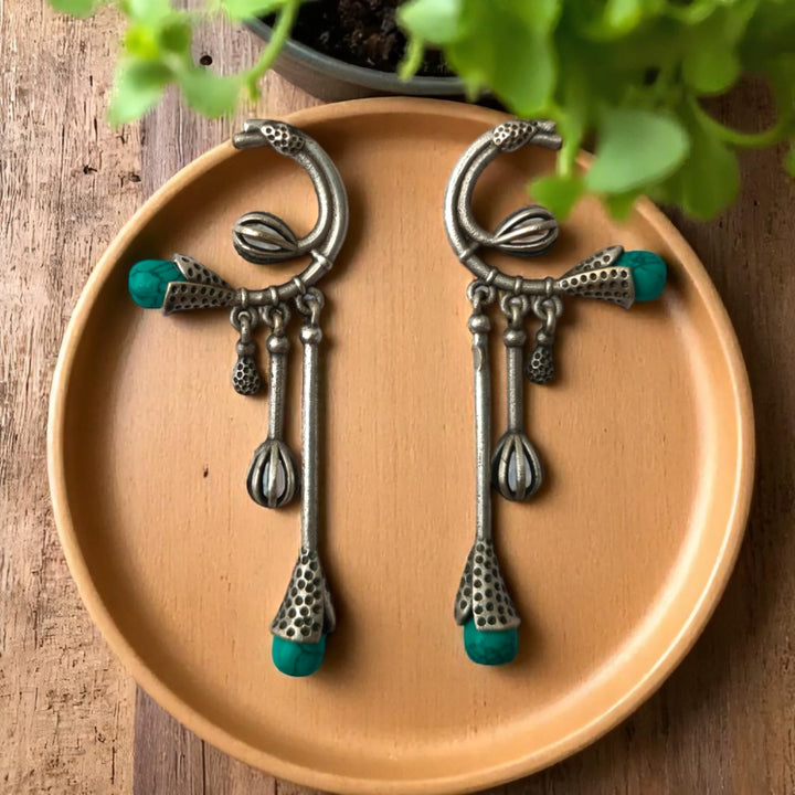Tela Naari Silver Oxidised Diva Dangling Bloom Earrings - TelaNaari