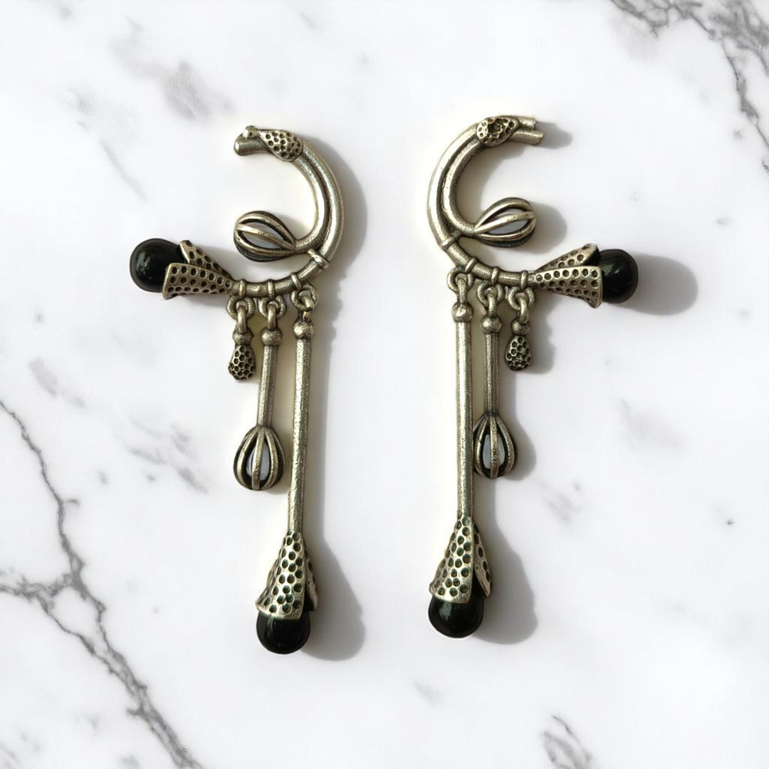 Tela Naari Silver Oxidised Diva Dangling Bloom Earrings - TelaNaari