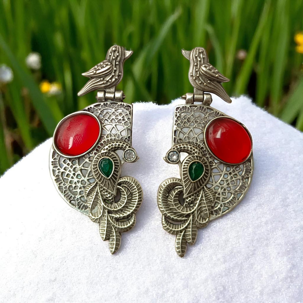 Tela Naari Adira Bird & Stone Silver Oxidised Earrings - TelaNaari