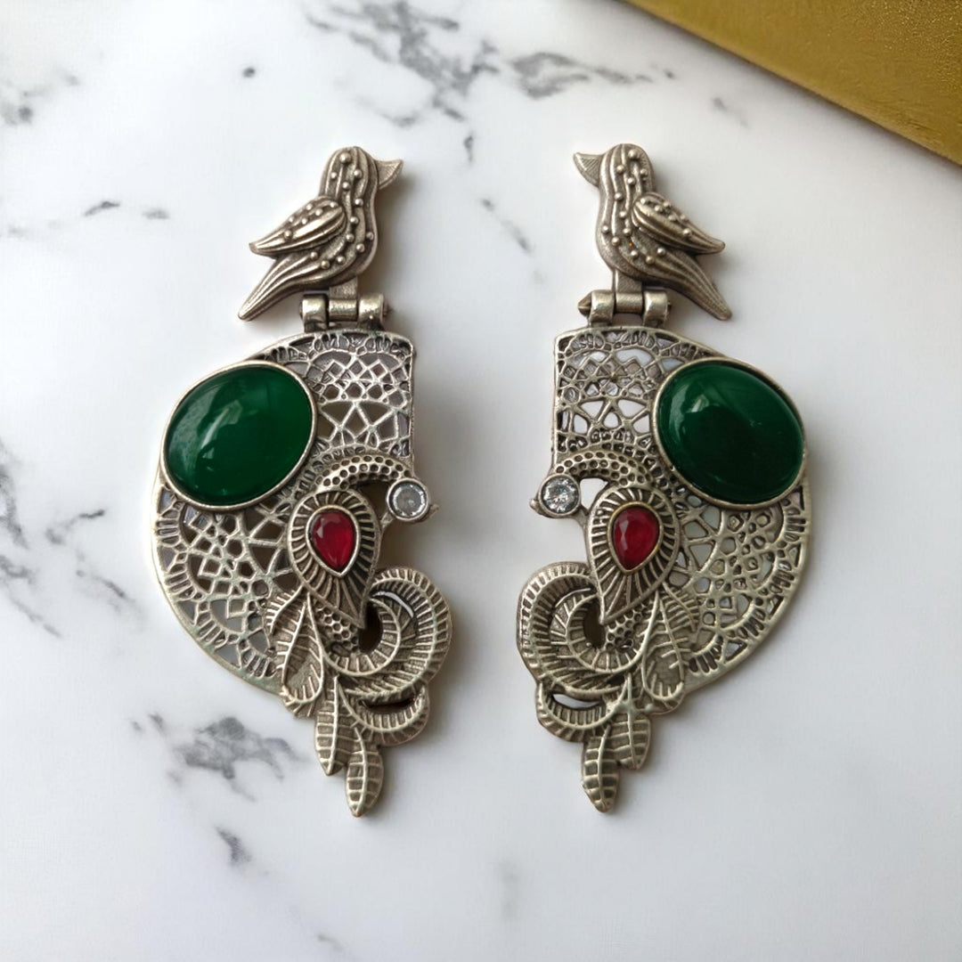 Tela Naari Adira Bird & Stone Silver Oxidised Earrings - TelaNaari