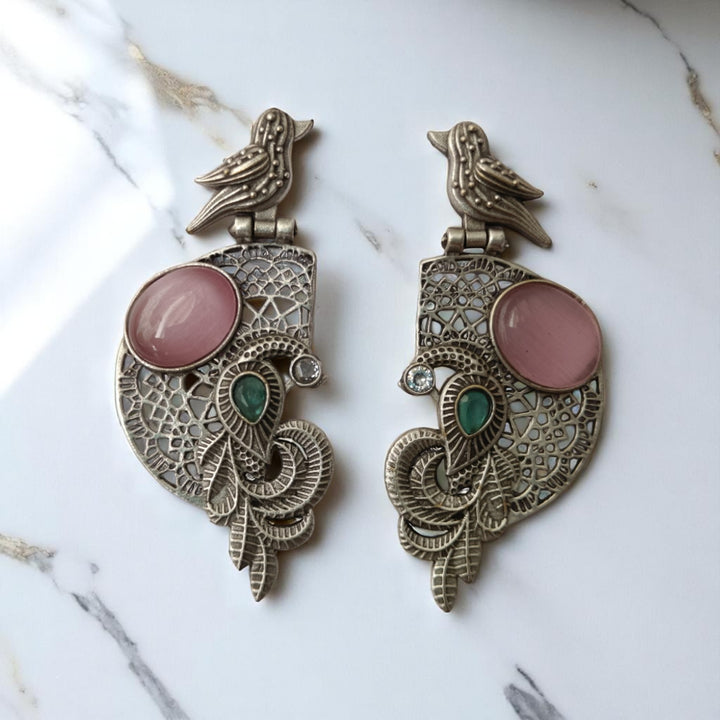 Tela Naari Adira Bird & Stone Silver Oxidised Earrings - TelaNaari