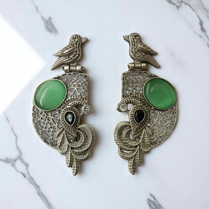 Tela Naari Adira Bird & Stone Silver Oxidised Earrings - TelaNaari