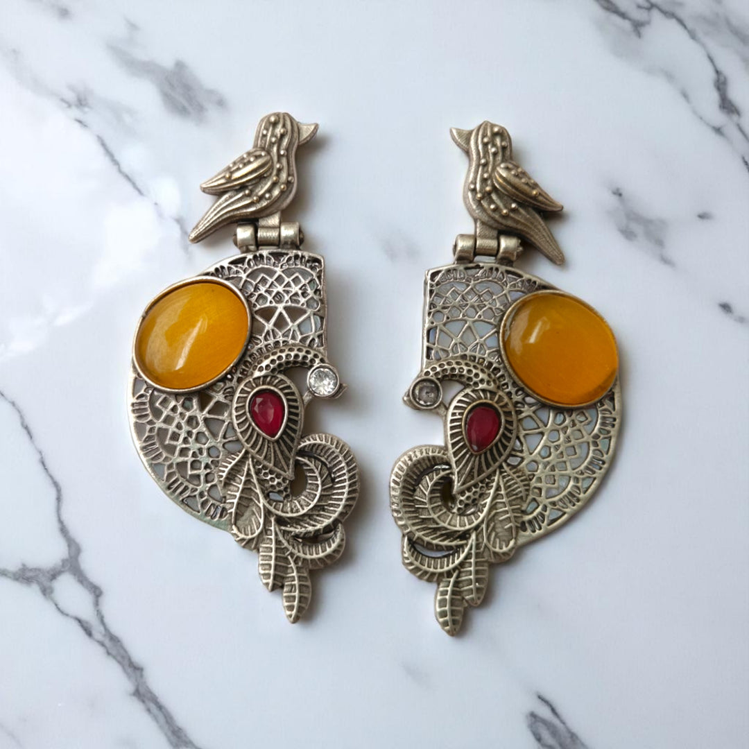 Tela Naari Adira Bird & Stone Silver Oxidised Earrings - TelaNaari