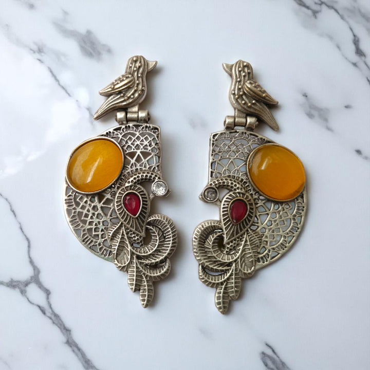 Tela Naari Adira Bird & Stone Silver Oxidised Earrings - TelaNaari
