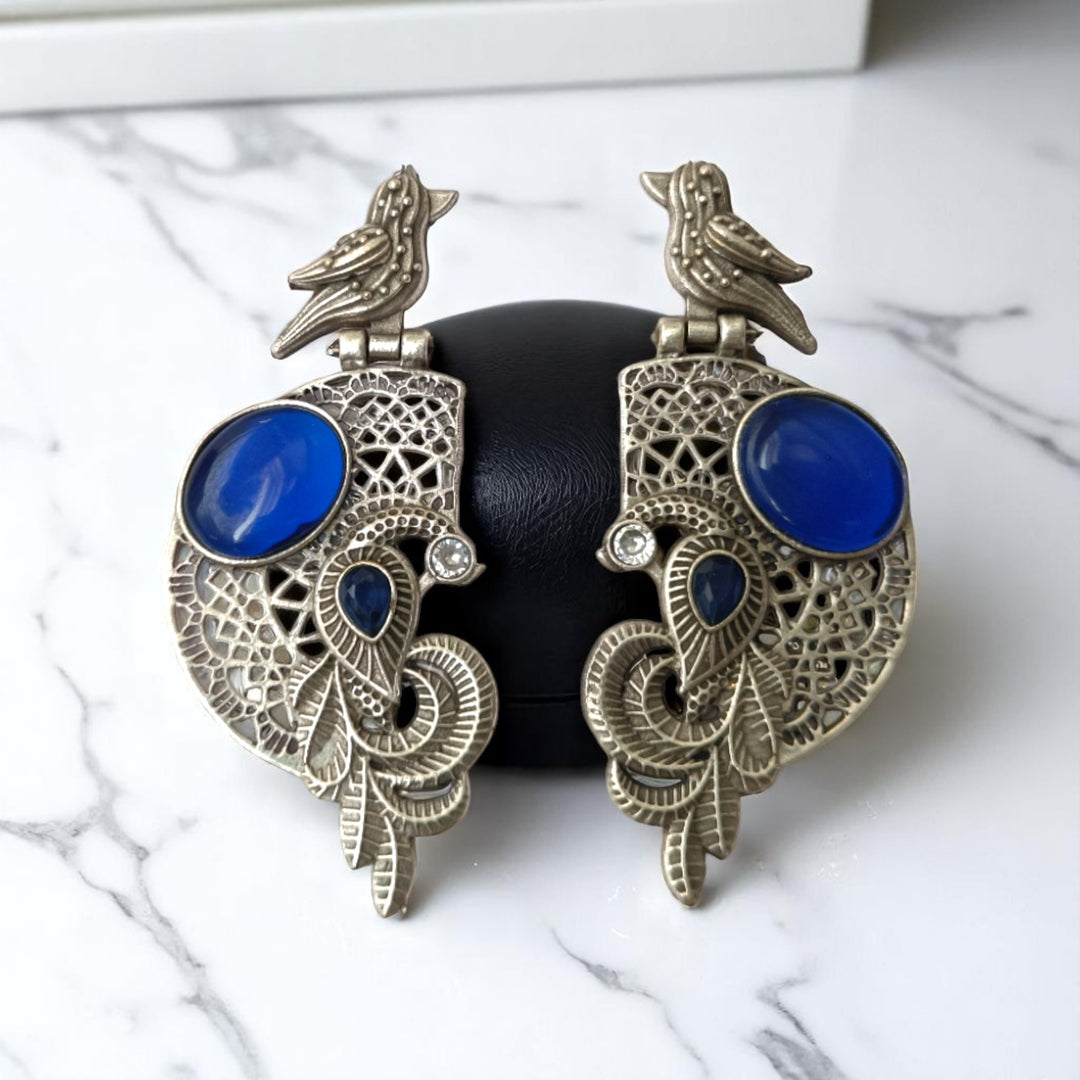 Tela Naari Adira Bird & Stone Silver Oxidised Earrings - TelaNaari