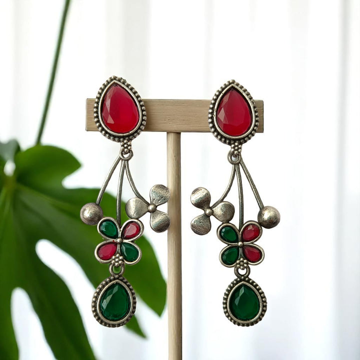Tela Naari Ena Silver Oxidised Floral Drop Earrings - TelaNaari