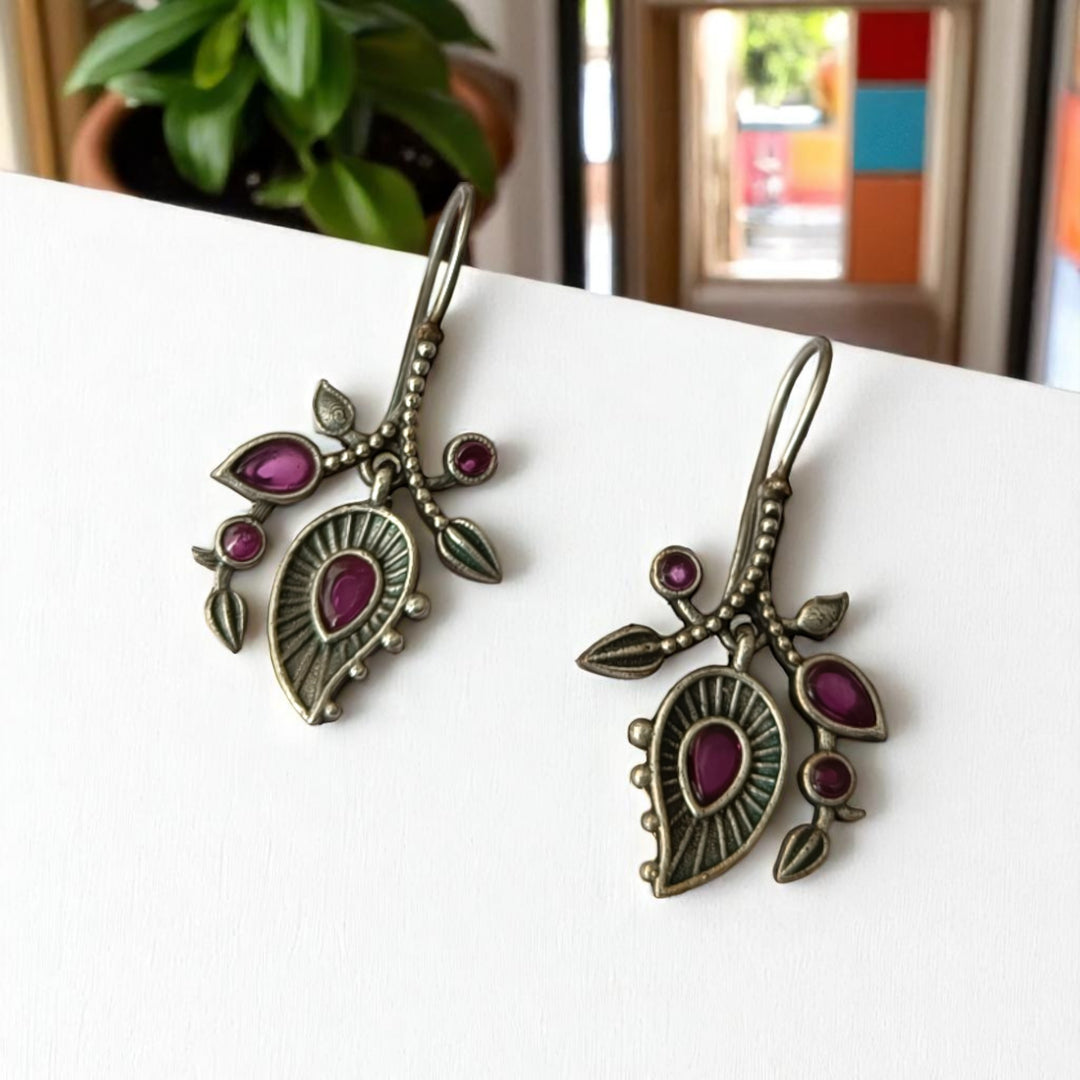 Tela Naari Anvi Silver Oxidised Nature Drop Earrings - TelaNaari