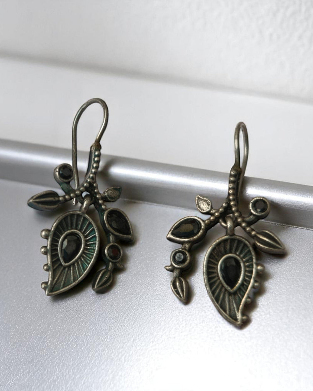 Tela Naari Anvi Silver Oxidised Nature Drop Earrings - TelaNaari