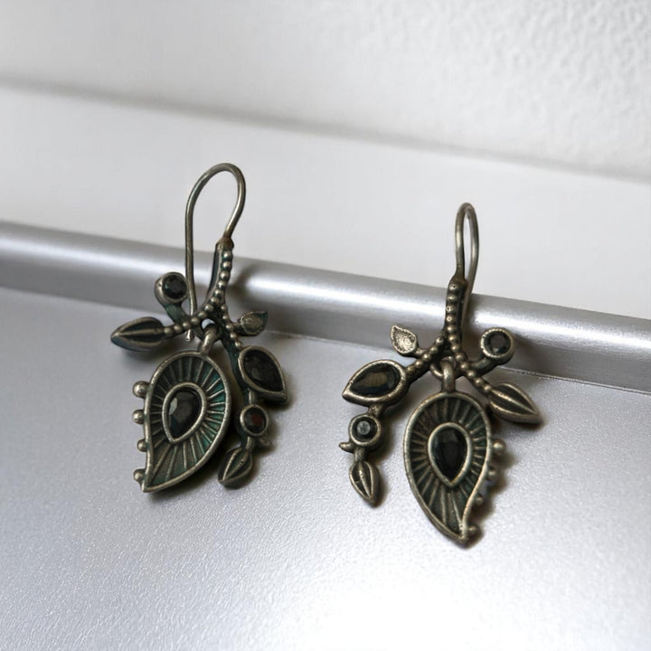 Tela Naari Anvi Silver Oxidised Nature Drop Earrings - TelaNaari