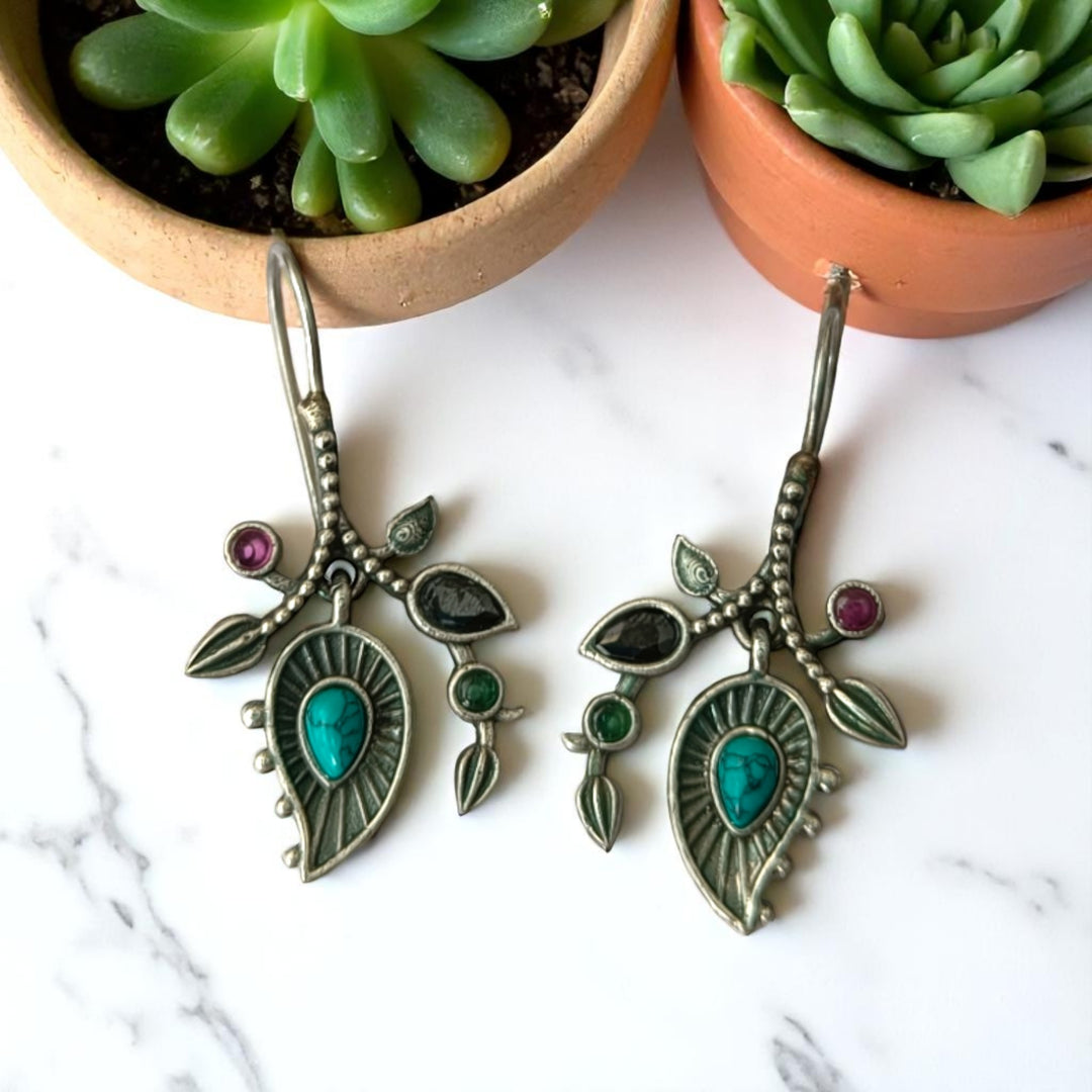 Tela Naari Anvi Silver Oxidised Nature Drop Earrings - TelaNaari