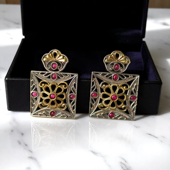 Tela Naari Anaya Dual Tone Square Earrings - TelaNaari