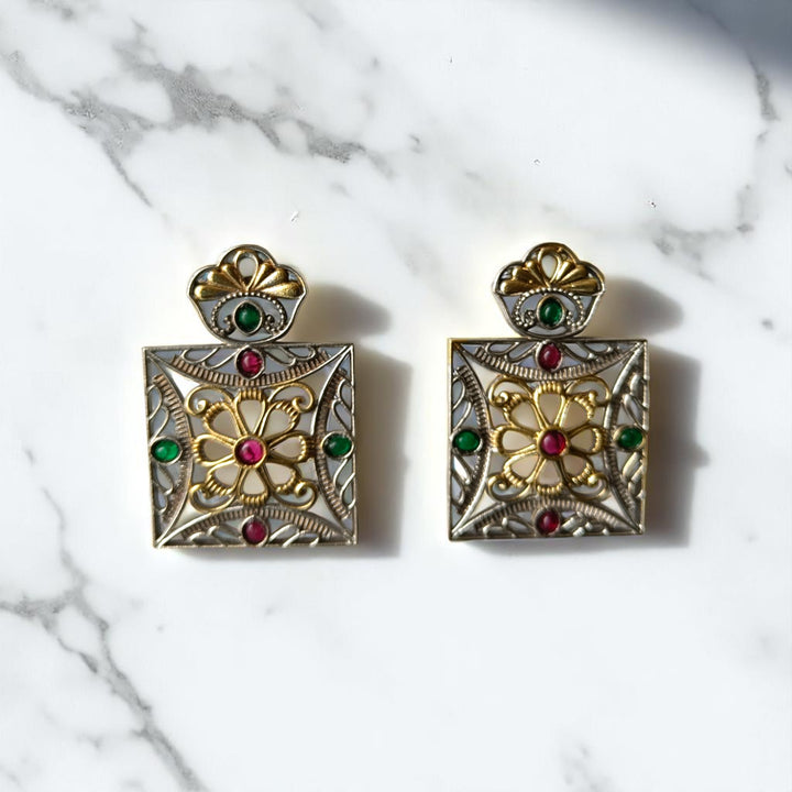 Tela Naari Anaya Dual Tone Square Earrings - TelaNaari