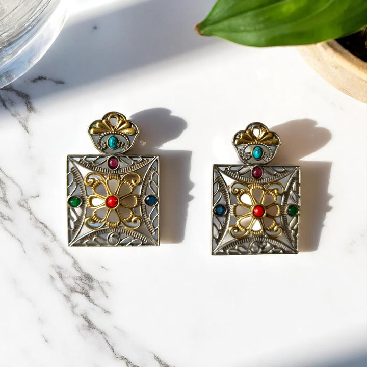 Tela Naari Anaya Dual Tone Square Earrings - TelaNaari