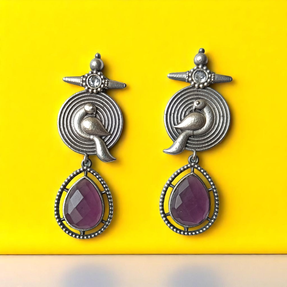 Tela Naari Silver Oxidised Farhia Bird Motif Earrings - TelaNaari