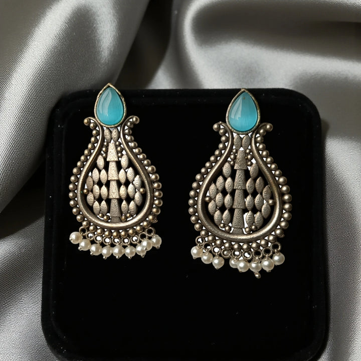 Classic Umeshwari Silver Oxidised Pearl Earrings