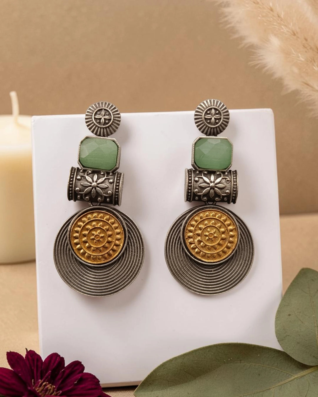 Aashtha Dual Tone Silver-Plated Statement Earrings | Bold Ethnic Jewellery